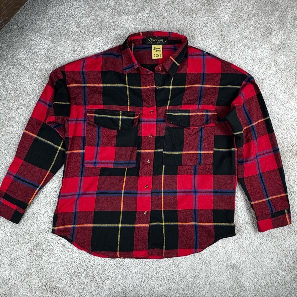 Spoon Jeans Women's Flannel Red Plaid Shirt Button Up Y2K Grunge‎ Size Large